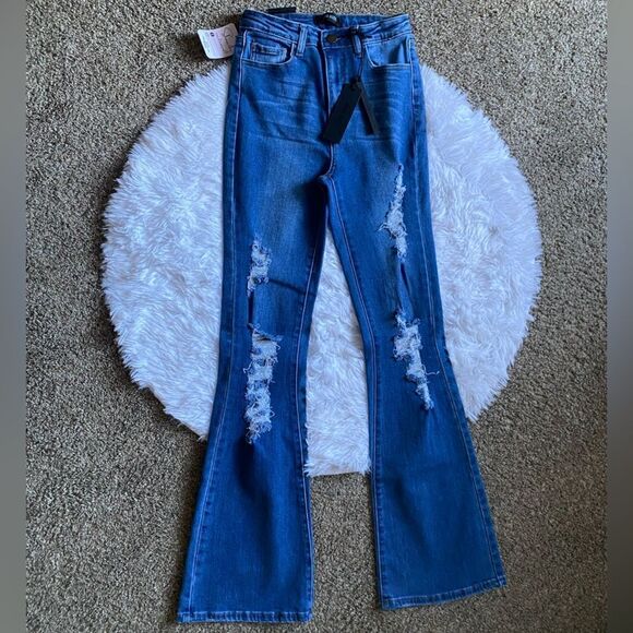 Nina Rossi Jeans Super High Rise Flare Long New Distressed Women’s Size 5 - Picture 1 of 11